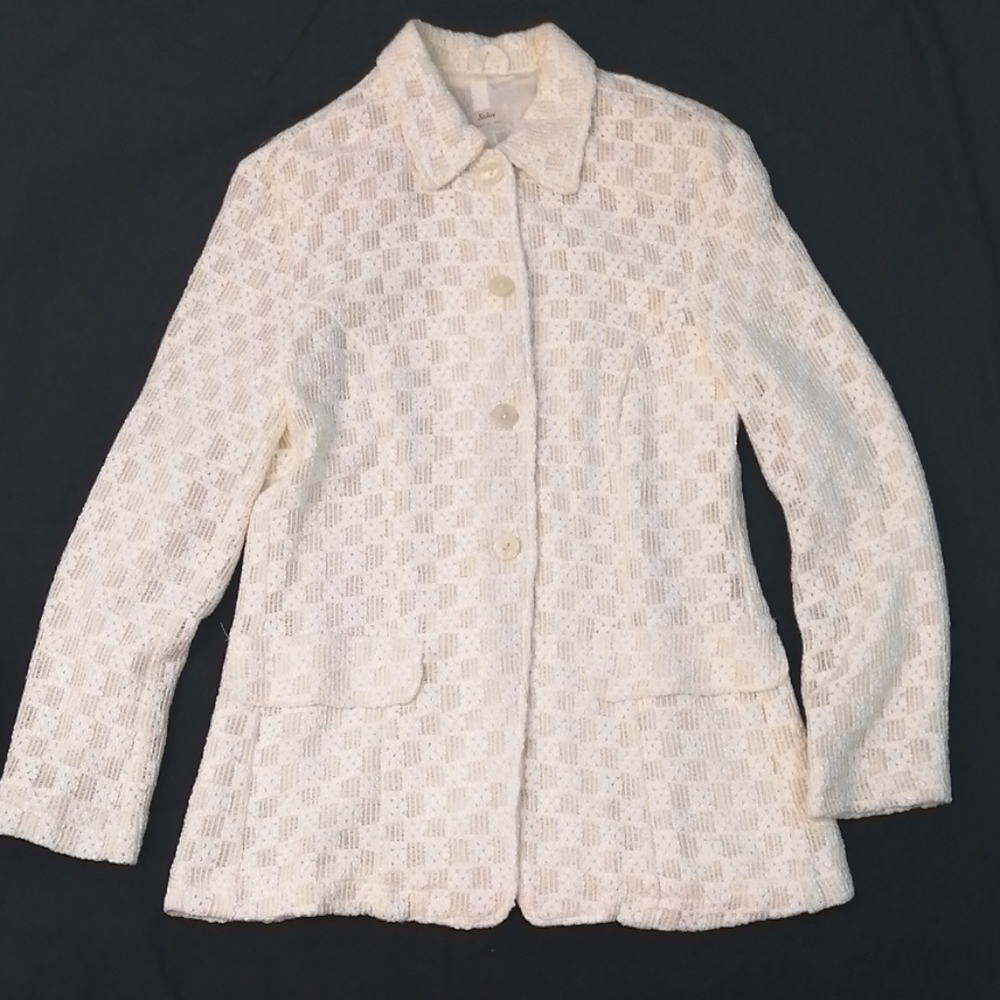 Sisley Vintage 90s White Lace Crochet Blazer Pearl Button Sz 12